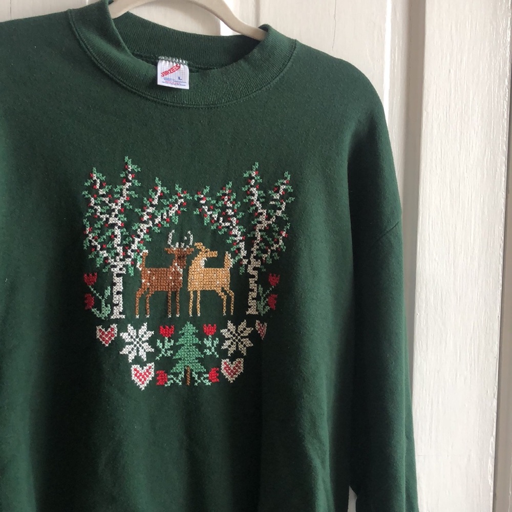 Jerzees Hand Embroidered Vintage Crew Neck Holiday Pullover Sweatshirt Large - Picture 8 of 10